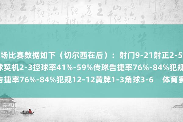 全场比赛数据如下（切尔西在后）：射门9-21射正2-5预期进球1.22-1.31进球契机2-3控球率41%-59%传球告捷率76%-84%犯规12-12黄牌1-3角球3-6    体育赛事直播