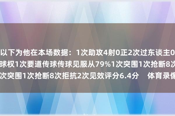 以下为他在本场数据：1次助攻4射0正2次过东谈主0见效56次触球20次丢失球权1次要道传球传球见服从79%1次突围1次抢断8次拒抗2次见效评分6.4分    体育录像/图片